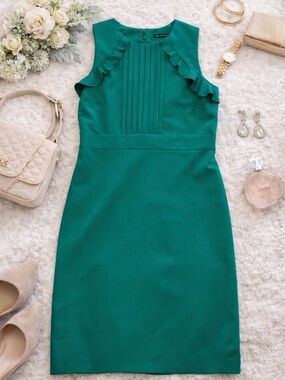 Ann Taylor Emerald Green Ruffle Neck Sheath Dress Size 12